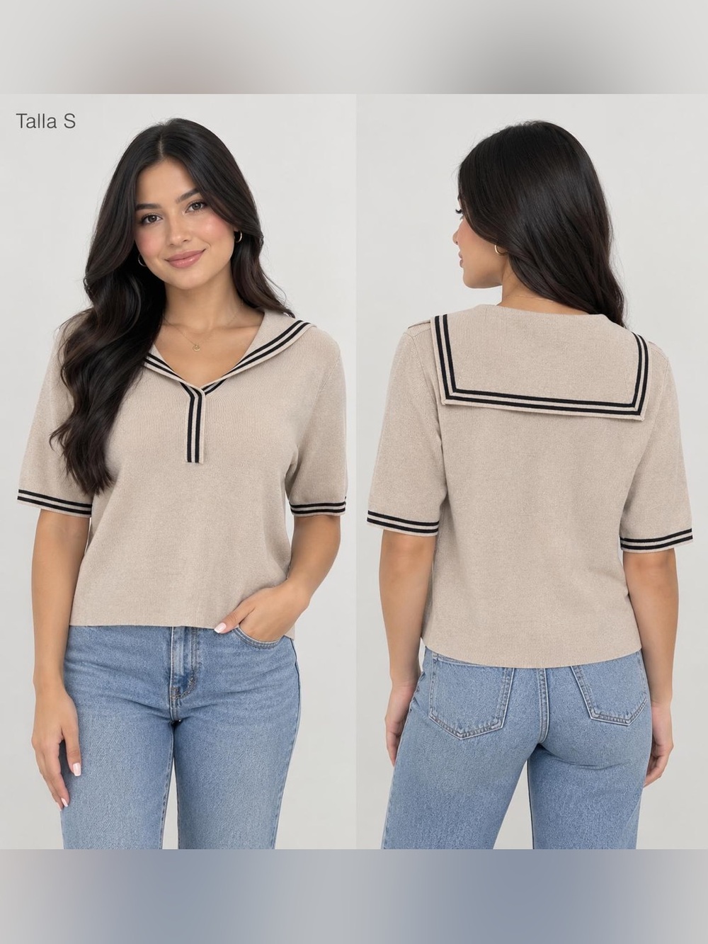Sioni Beige Sailor-Collar Short Sleeve Sweater with Black Trim